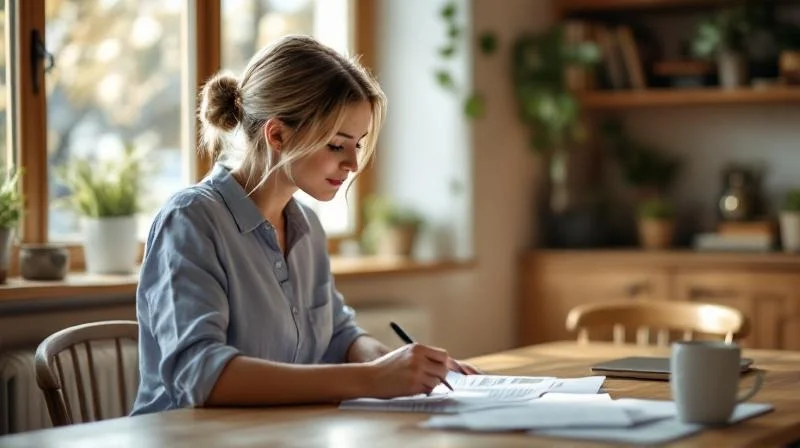 Frau liest aufmerksam ein Foerderformular an einem hellen Schreibtisch in Muenchen