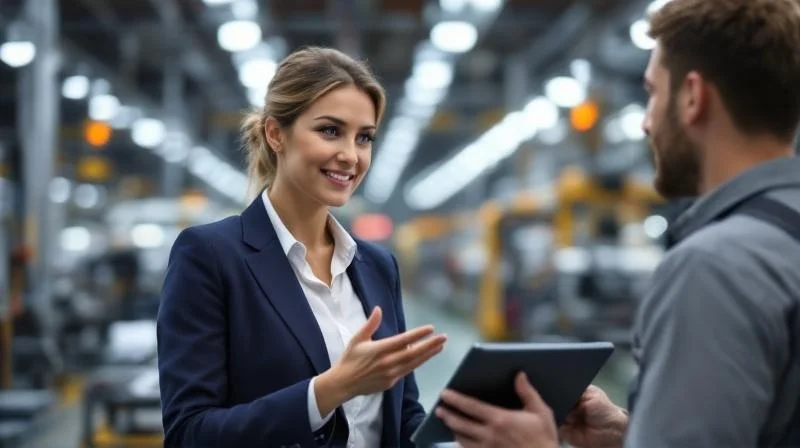 Ausbilder erklärt einer jungen Auszubildenden in einer Münchner Industriewerkstatt eine Maschine