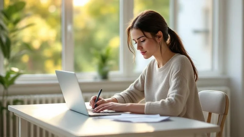 Frau fuellt Formulare an einem Schreibtisch in einem hellen Muenchner Apartment aus