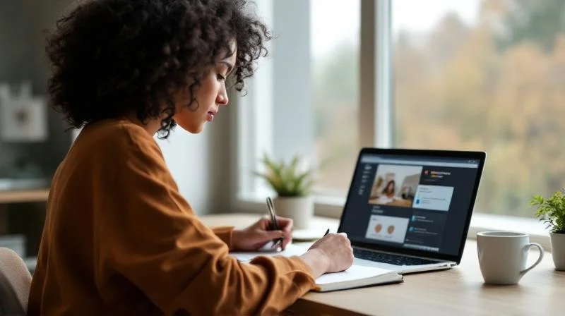 Frau nimmt an einem Online-Kurs teil und macht sich Notizen, mit Blick auf Muenchen durch das Fenster