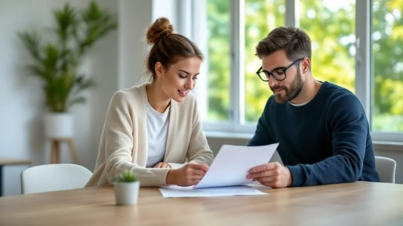 Zwei Personen besprechen Unterlagen in einem hellen Büro mit Blick auf München