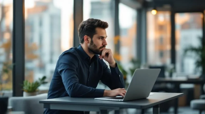 Mann studiert Karriereoptionen auf einem Laptop in einem modernen Münchner Büro