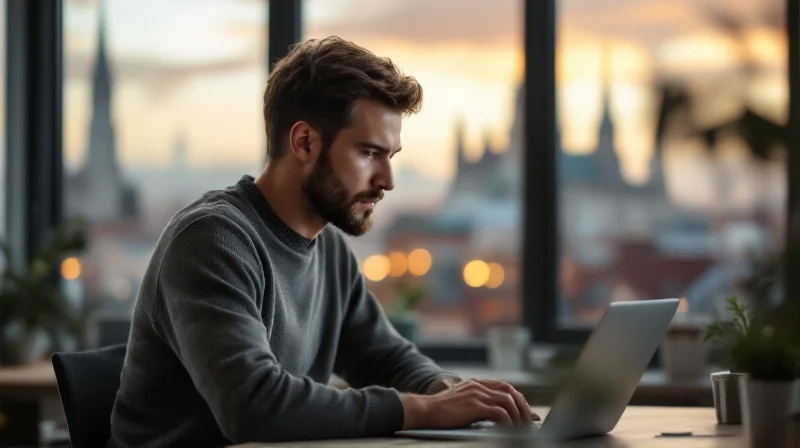 Münchner Angestellter im Coworking-Space mit Laptop, im Hintergrund Frauenkirche-Türme
