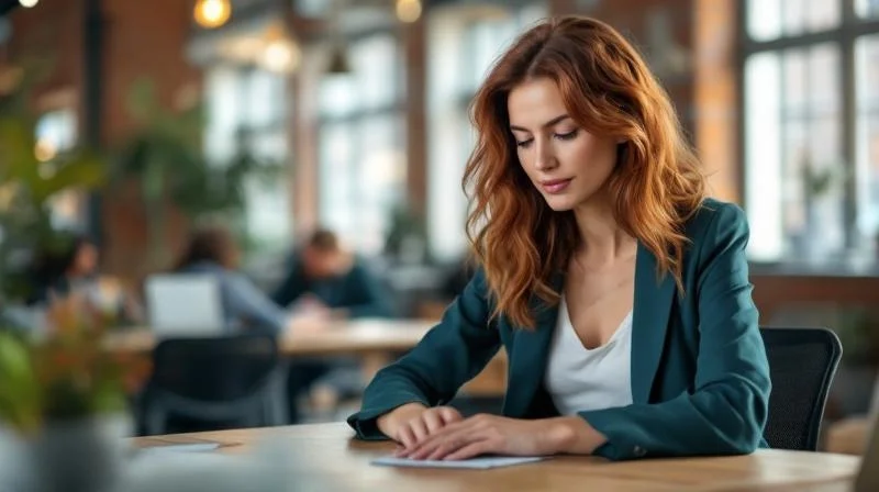 Frau arbeitet konzentriert am Laptop in einem modernen Muenchner Coworking Space