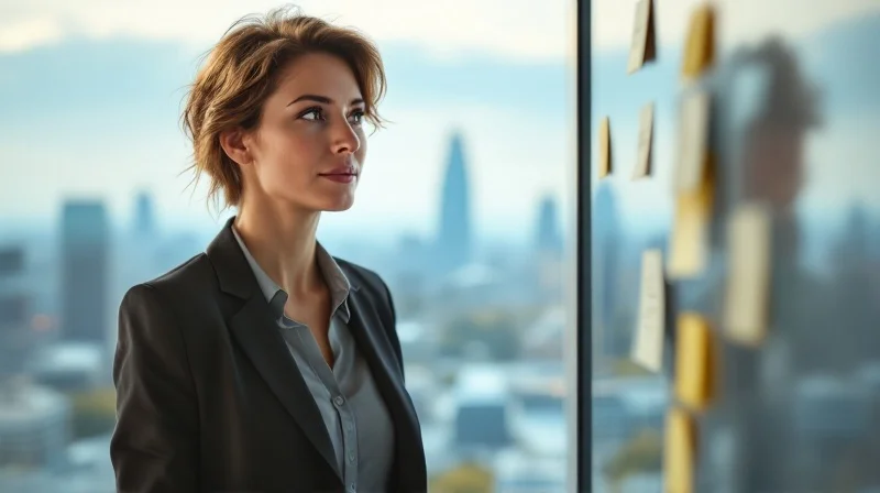 Geschäftsführerin im Münchner Büro mit Blick auf BMW-Vierzylinder und Olympiapark