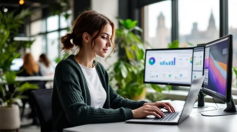 Quereinsteigerin arbeitet am Laptop in einem modernen Münchner Coworking-Space