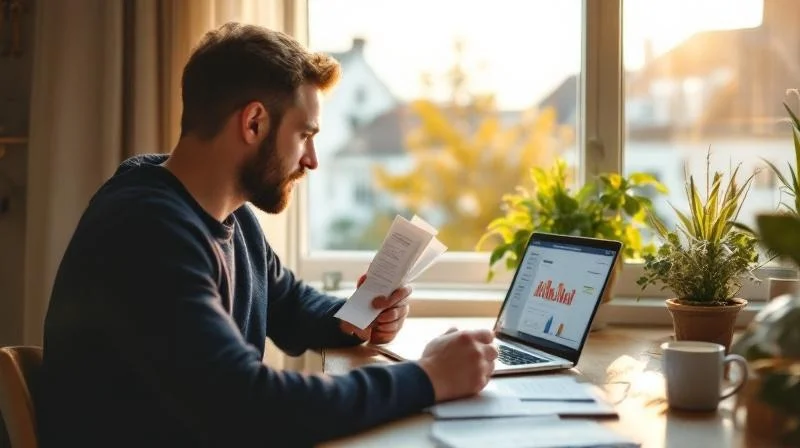 Berufstätiger sortiert in einer Münchner Wohnung Belege für die Steuererklärung am Laptop