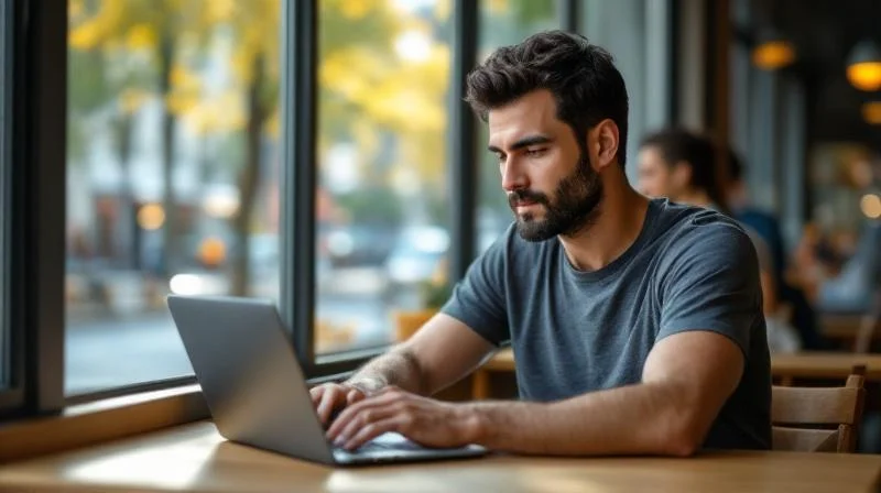 Mann arbeitet konzentriert am Laptop in einem Muenchner Cafe mit Blick nach draussen