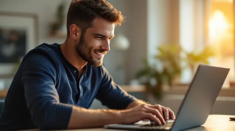 Mann arbeitet konzentriert am Laptop in einer modernen Muenchner Wohnung